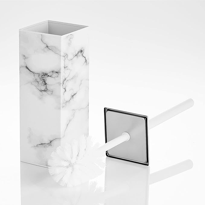 mDesign Steel Square Modern Toilet Bowl Brush and Holder for Bathroom Storage and Organization, Compact Free-Standing Design, Covered Brush - Sturdy, Deep Cleaning - Citi Collection - Marble