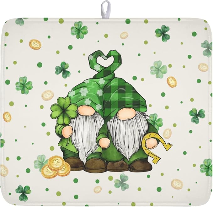 St Patrick's Day Gnome Dish Drying Mat for Kitchen Counter,Inch Lucky Shamrock Gold Coin Drying Mat 16 x 18 Inch with Absorbent Reversible Microfiber Dish Drying Pad for Coffee Bar