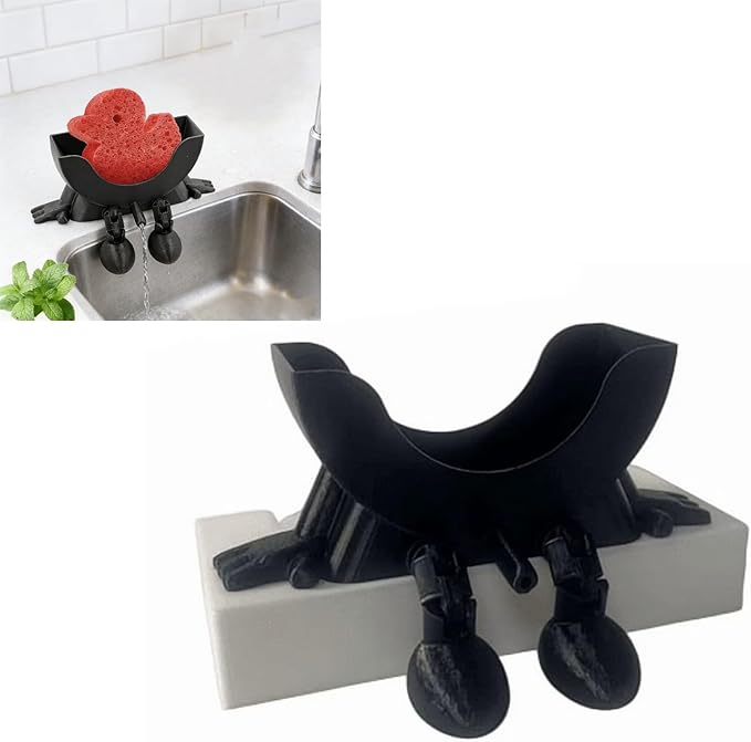 Cute Hanging Sponge Holder with Drainage, 3D Printed Sponge Holder, For Scrub Daddy Holder, Funny Sponge Stand for Kitchen Sink, Keeps Your Sponge Dry & Smiling, No sponge ﻿ (Black)