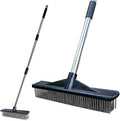 Heavy Duty Wire Push Broom Brush, 15.7" Stainless Steel Bristle Deck Brush with Long Handle for Removing Weeds, Outdoor Broom for Rough Surface Dirt