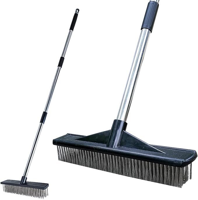 Heavy Duty Wire Push Broom Brush, 15.7" Stainless Steel Bristle Deck Brush with Long Handle for Removing Weeds, Outdoor Broom for Rough Surface Dirt