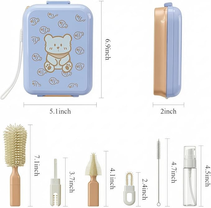 8-in-1 Baby Bottle Brush Set, Silicone Baby Bottle Cleaning Kit with Drying Rack, Portable Travel Brush & Accessories for Home and Travel (Orange)