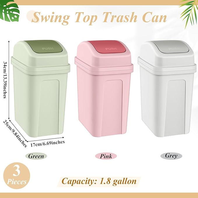 Sumind 3 Pcs 1.8 Gallon Bathroom Trash Can with Swing Lid Small Garbage Can Plastic Bathroom Trashcan Garbage Bin for Kitchen Waste Bedroom Room Outdoor (Green, Pink, Beige)
