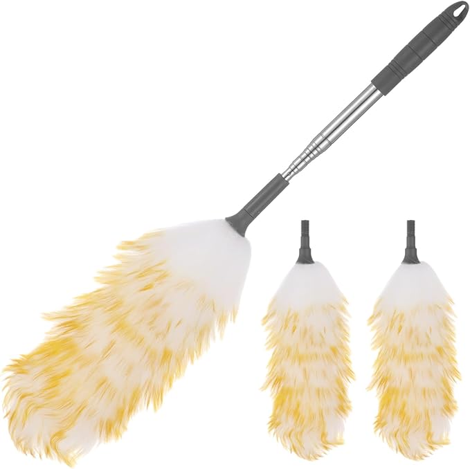Lambswool Duster with 2 Replacements, Extends to 53 in, Anti-Scratch, Electrostatic, for Ceiling Fans, Furniture, Crafts