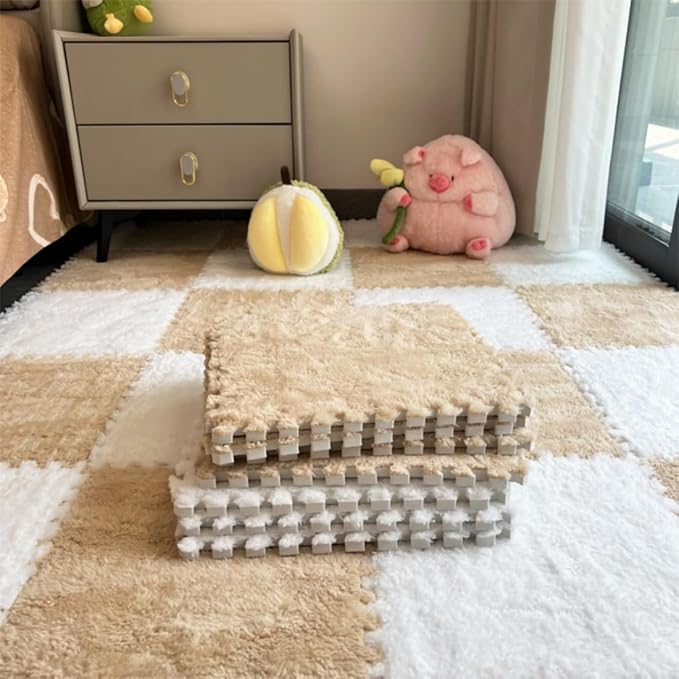 12Pcs Interlocking Carpet Tiles,12"x 12" Plush Interlocking Foam Carpet Tiles with Border,Fluffy Play Mat Floor Tiles Thick Padded Squares Foam Tiles for Playroom Decor (Light Blue+Grey)
