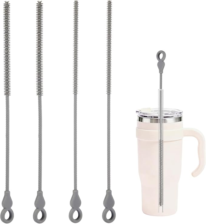 Silicone Straw Cleaner Brush, 4-Piece Reusable Straw Brush Set with Extra-Long Design for Cleaning Thin Metal Straws and Wider Milkshake Straws （6mm+9mm Gray)