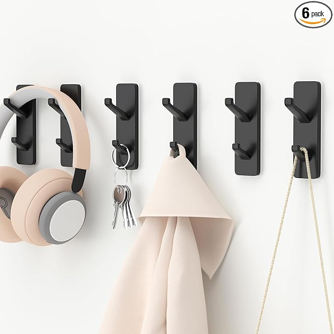 Black 6 Pack Aluminum Coat Hooks, Heavy Duty Self Adhesive Hooks for Hanging, 13LB Capacity, Bathroom Towel Shower Kitchen Door Hooks, 6 Pack