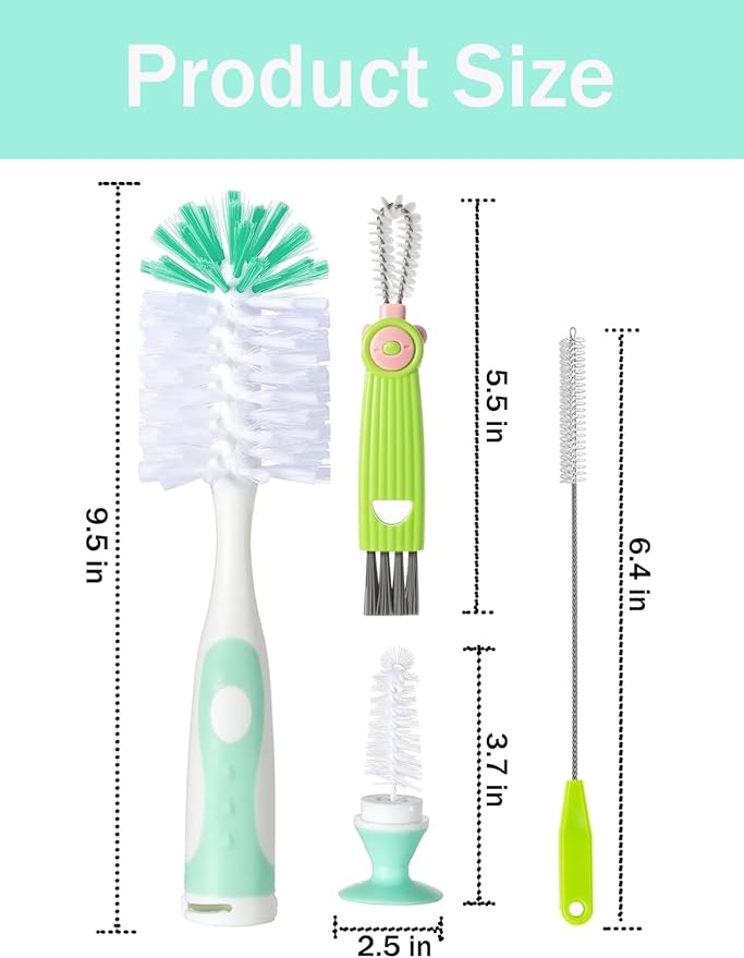 Baby Bottle Brush Set, 2Pcs Nylon Bottle Brush with Stand, 2 Hidden Nipple Brush, 2 Straw Brush, 1 Lid Brush, Bottles Brush Cleaner for Baby Bottle, BPA-Free(Green)