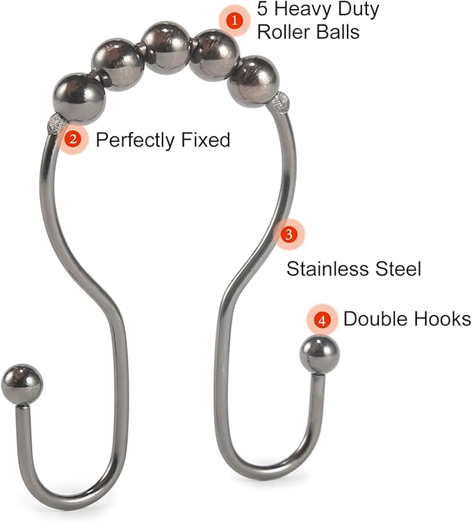 Goowin Shower Curtain Hooks, 12 Pcs Shower Curtain Rings, Stainless Steel Shower Curtain Hangers, Double Hook Shower Curtain Hooks, Smooth Sliding Anti-Drop Shower Rings for Curtain (Bronze)