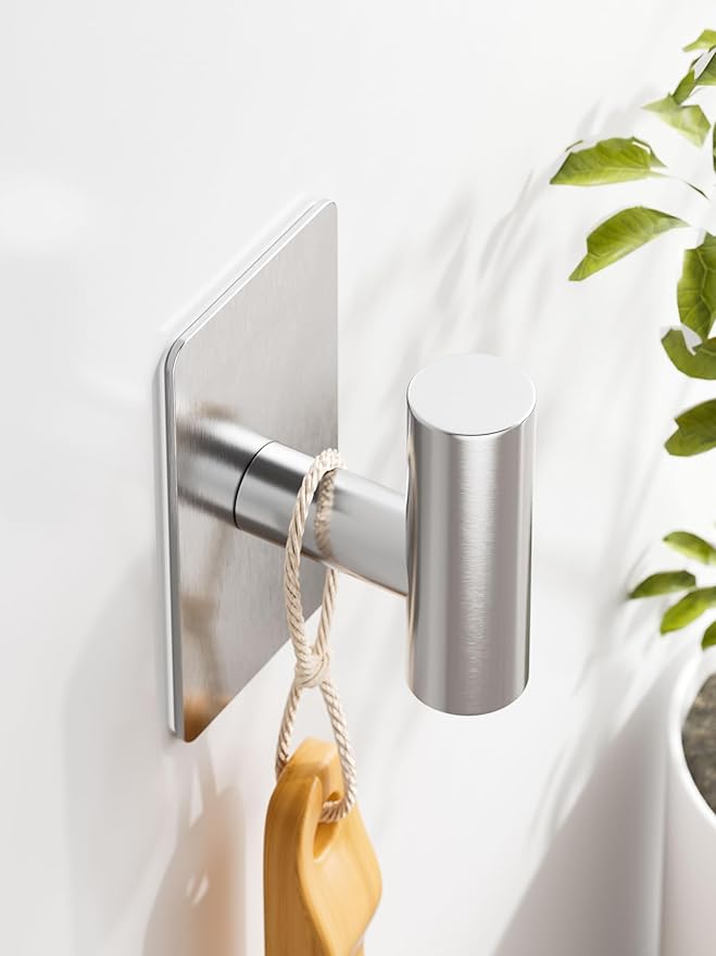 Towel Hooks for Bathrooms – 4 Pack, Brushed Silver Finish, T-Shaped Stainless Steel Adhesive Wall Hooks for Robes & Towels in Kitchen, Shower, or Closet