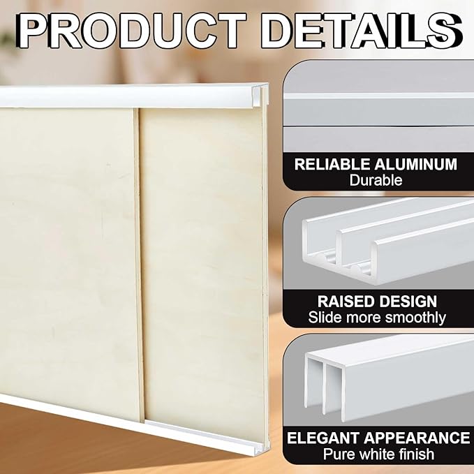 Landical 2 Set 3 ft White Aluminum Sliding Door Track Set for 1/4" Thick Panels Closet Glass Doors Cabinet Window Aluminum Alloy Metal Sliding Track