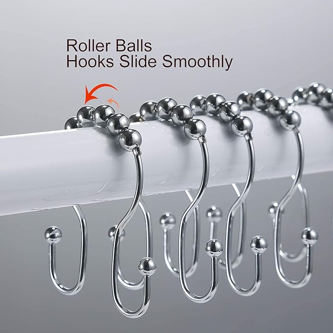 Goowin Shower Curtain Hooks, 12 Pcs Shower Curtain Rings, Stainless Steel Shower Curtain Hangers, Double Hook Shower Curtain Hooks, Smooth Sliding Anti-Drop Shower Rings for Curtain (Chrome)