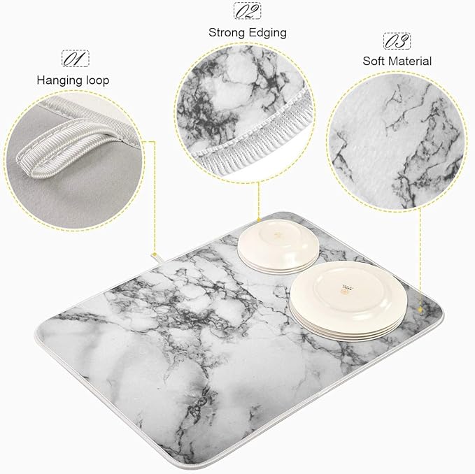 Black Grey Marble Dish Drying Mat 16x18 for Kitchen White Marble Print Dishes Pad Dish Drainer Rack Mats Absorbent Fast Dry Kitchen Accessories