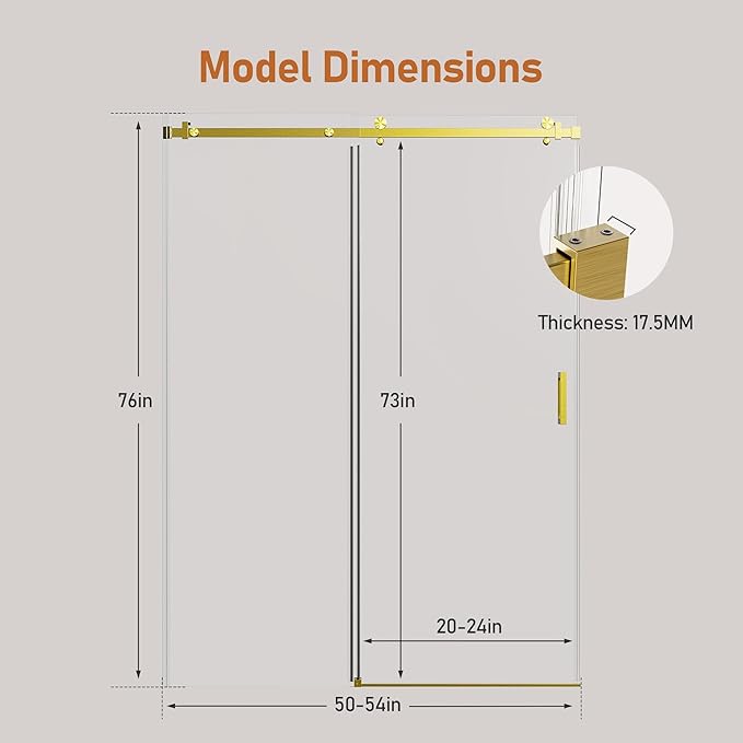 50-54 Inch Frameless Sliding Shower Door, 76" Height, 5/16" (8mm) Clear Tempered Glass, Smooth Gliding Track & Anti-Jumping System, Stainless Steel Brushed Gold Finish