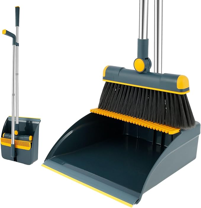 Broom and Dustpan Set for Home, 180° Rotating Broom Combo, Foldable Standing Dustpan and Brush, Long Handle Broom and Dustpan Combo Set with Scraper Teeth for Cleaning Room Office Lobby Floor (A)