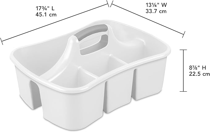 Large Divided Cleaning Caddy with 4 Compartments & Handle, 17.75" Plastic Utility Tote for Cleaning Supplies Under Sink, Bathroom & Garage Organization, White