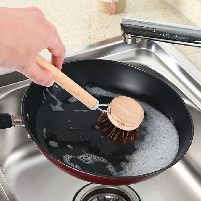 Bamboo Dish Brush Set, 1 Wooden Handle with 3 Natural Bristle Heads All Purpose Kitchen Scrub Brush with Sisal and Palm Horsehair for Cleaning Dishes Pans Vegetables(Color:Wood)