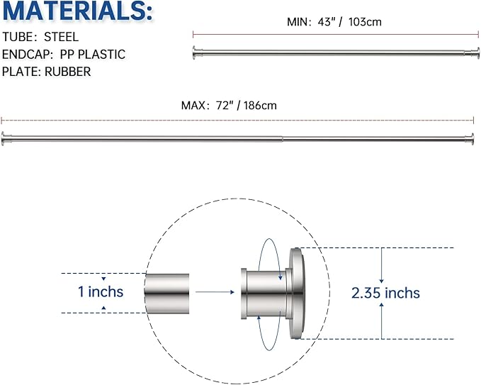 BRIOFOX Industrial Shower Curtain Rod - Rustproof Non-Slip 43-72 Inch 304 Stainless Steel Tension Curtain Rod for Window or Bathroom, Brushed Nickel