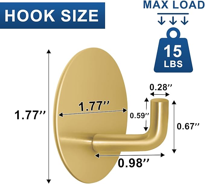 Adhesive Hooks for Bathrooms, 4 Piece Towel Hooks for Hanging Hat Robe Coat, Stick on Hooks for Kitchens, Strong Self-Adhesive No Damage Waterproof Stainless Steel Sticky Hook (Gold)