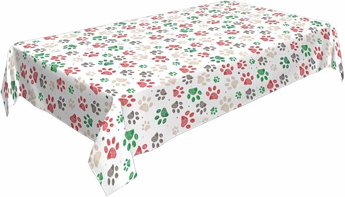 Paw Prints Table Cloth 52x70 Doodle Dog Cat Red Green Footprint Rectangular Tablecloth Polyester Washable Table Cover for Dining Kitchen Banquet Picnic Decorative