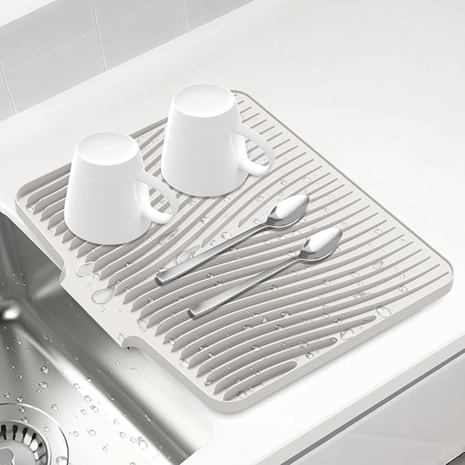 Silicone Dish Drying Mat for Kitchen Counter, Non-Slip Drain Pad, Dish Drying Pad, Easy to Clean Dish Rack Pad, Multi-Use as Heat Resistant Trivet, 19.7" x 17" , Cream