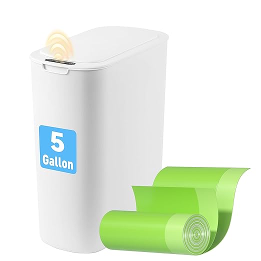 Automatic Motion Sensor Bathroom Trash Can with Lid, 5 Gallon Touchless Trash Bin,Smart Electric Narrow Waterproof Garbage Bin for Toilet, Office, Bedroom, Living Room, Dorm (White