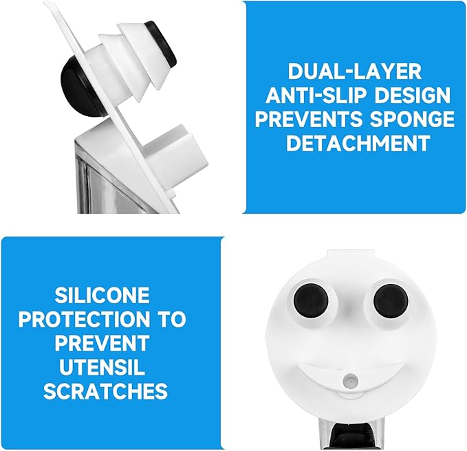 Smile Sponge Dish Wand Holder for Round Smiley Face Sponge Soap Dispensing Handle Upgraded Design, Black