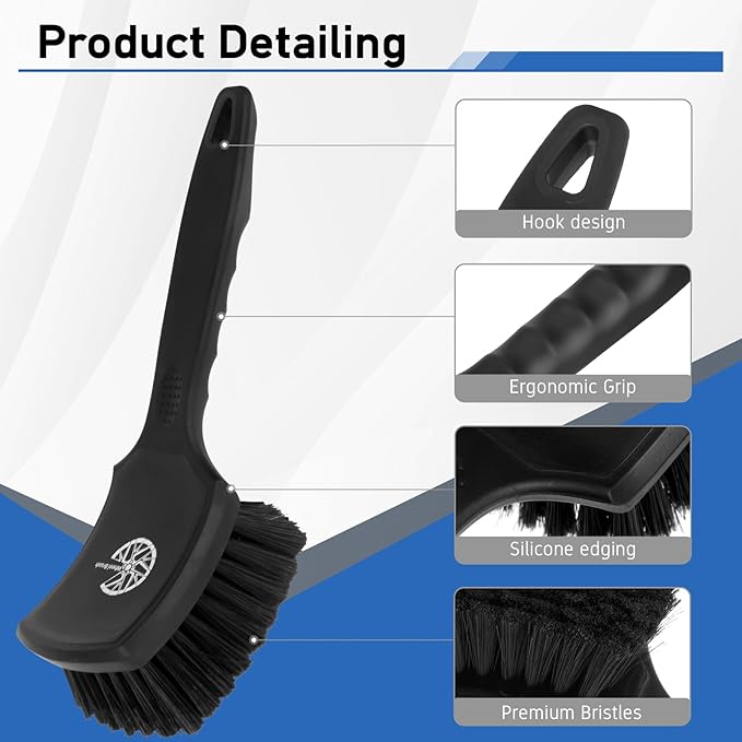 2Pack Car Tire & Wheel Brush Set for Car Rims, Soft & Stiff Bristle Wheel Cleaner Brush,Non-Scratch Rubber Short Handle Car Detailing Wheel Brush for Cleaning Wheels, Alloy Rims,Tires(Black)