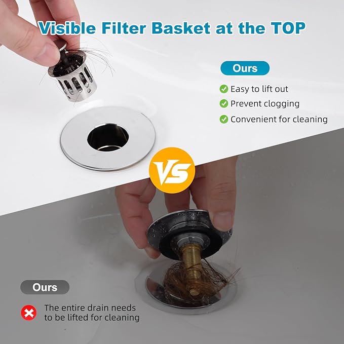 Universal Bathroom Sink Drain Strainer Hair Catcher Upgraded with Visible Top Stainless Basket, 3 in 1 Pop Up Sink Stopper for 1.1''~2.36'' Sink Basin Hole, Chrome
