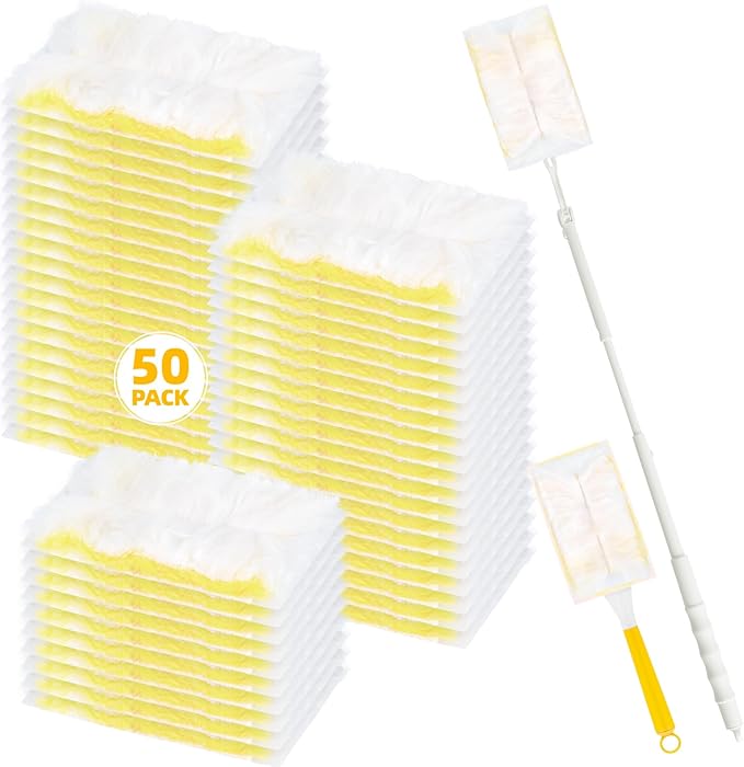 Heavy Duty Dusters Refills, Disposable Dusters Kit Compatible with Swiffer Handles, Multisurface Dusters+1 Extended Handle +1 Handle (Yellow, 180°)