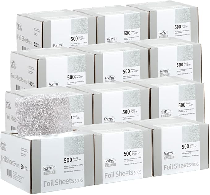 ForPro Professional Collection Expert Embossed Foil Sheets 500S, Aluminum, Pop-Up Foil Dispenser, Hair Foils for Color Application & Highlighting Services, Food Safe, 5” W x 10.75” L, (Pack of 12)