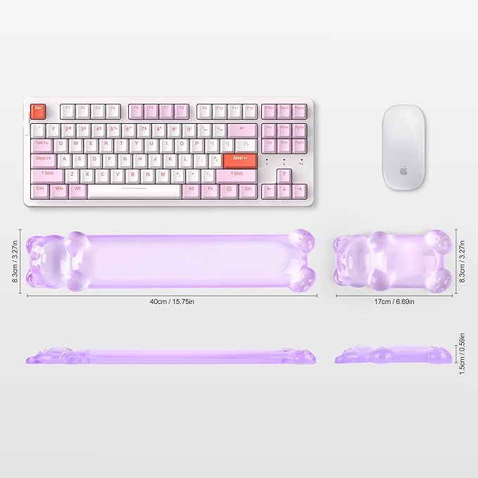 Gel Keyboard and Mouse Wrist Rest Set – Clear Wrist Rest for Computer Keyboard 60%/68%/75%, Comfort & Support for Typing and Gaming(Cute Purple Bear)