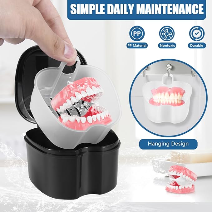 2 Pack Denture Bath Case Cup Box Holder Storage Container with Denture Cleaner Brush Strainer Basket for Travel Cleaning (White and Black)