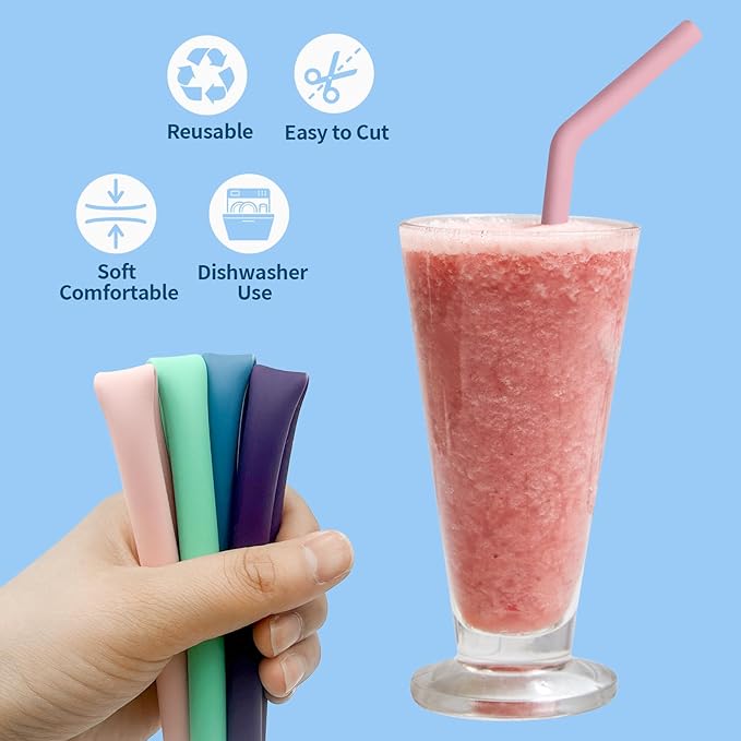 6 Pcs Bent Silicone Drinking Straw Set – Multi-Color, Washable, Reusable Silicone Straws with 2 Cleaning Brushes, 1 Portable Bag, for 20oz and 30oz Drinks, Smoothies, and Coffee (6mm Dia)