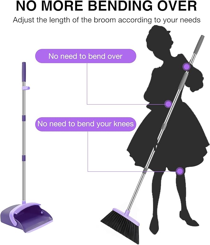 NACENA Broom and Dustpan Set, 52-in Long Adjustable Handle Broom Dustpan Combo with Dustpan Teeth to Automatically Clean Hair Suitable for Home Kitchen Office Hall Floor (Purple), 4 Pack