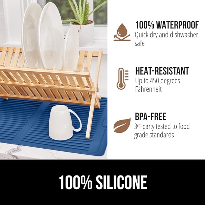 GORILLA GRIP 100% BPA-Free Patented Silicone Dish Drying Mat for Kitchen Counter, Water Catching Ribbed Design, Easy Clean Waterproof Sink Liner, Heat Resistant, Fits Under Rack, 12x16 Inch, Blue