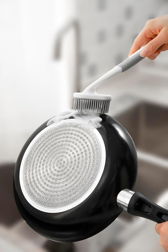 Dish Scrubber, Silicone Soft Bristles Scrub Brush with Scraper Tip, Comfortable Grip Brushes for Kitchen Sink, Pans, Pots, Skillet, Vegetable, Fruit, Potato Cleaning (Grey Style2)