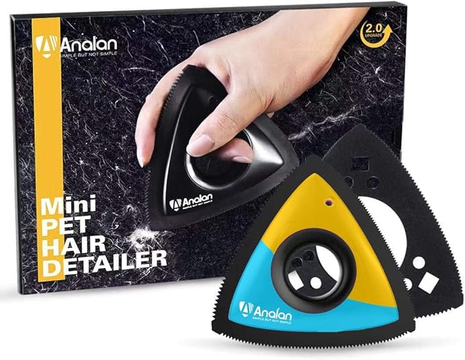 Analan Mini Pet Hair Remover for Car Detailing Supplies, Triangle Dog Hair Remover for Auto Detailing, Couch, Furniture, Lint, Carpet (Suit with 2 Blades) (Lemon Blue)
