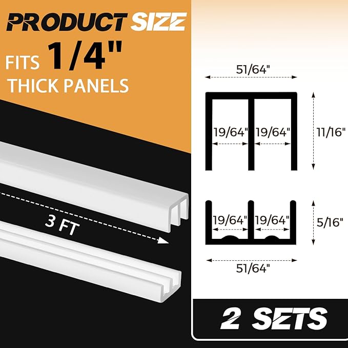 Landical 2 Sets Plastic Sliding Door Track Set for Cabinet Double Rails Panel Kit, 1/4" Thick Panels Glass Door Hardware System Window Track Quick Installation(3 ft,White)