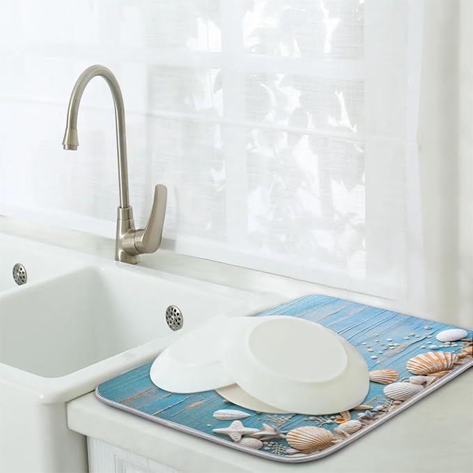 Dish Drying Mat for Kitchen Absorbent Drying Mat Reversible Kitchen Drying Pad for Utensils Pots Water Cup Sea Star Shell