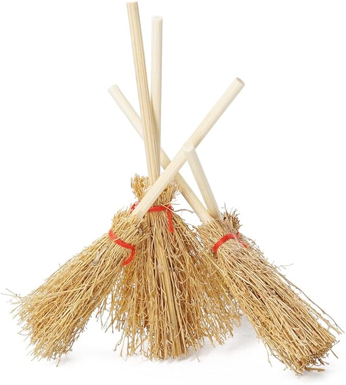 Odoria Dollhouse Straw Broom Miniature - 1/12 Scale Broomstick for Fairy Garden - Mini Witch Broom Decorative Craft - Tiny Besom Rustic for Halloween Thanksgiving Festival 10Pcs