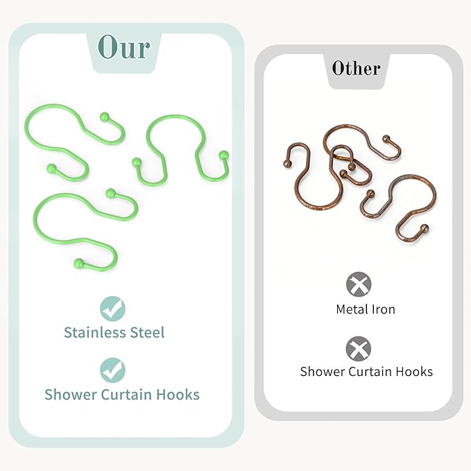 Goowin Shower Curtain Hooks, 12 Pcs Shower Curtain Rings, Stainless Steel Shower Curtain Hangers, Metal Shower Curtain Hooks Rings Rust Proof, Minimalist Shower Hooks for Shower Curtain, Green