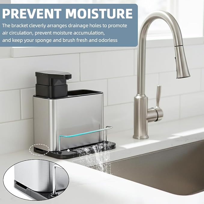 Soap Dispenser for Kitchen Sink, Stainless Steel 3-in-1 Sponge Holder for Kitchen Sink, Dish Soap Dispenser with Sponge Holder Rustproof Dishwashing Brush Holders