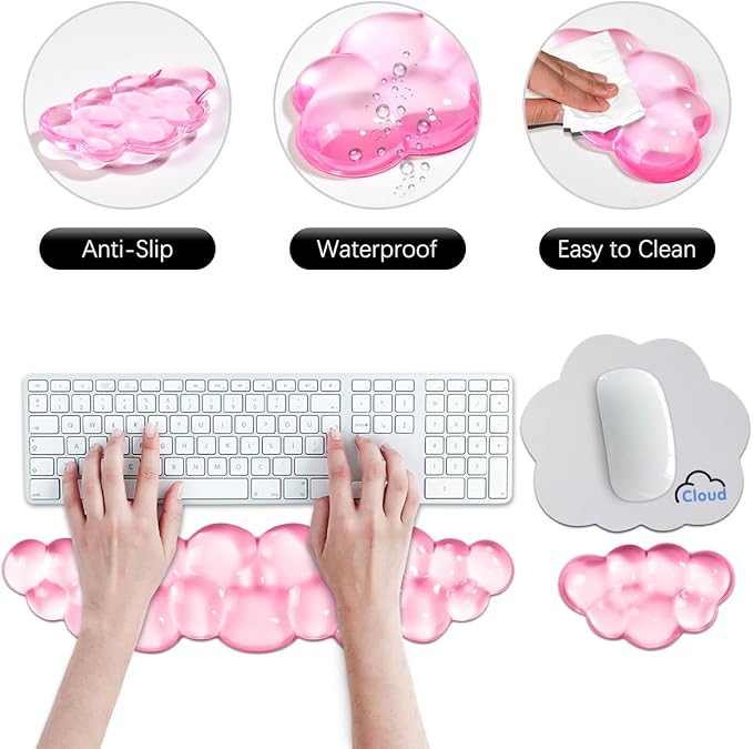 JIKIOU Clear Gel Wrist Rest for Keyboard and Mouse, Cool Silicone Mouse Wrist Rest Set, Cute Ergonomic Wrist Rest for Keyboard Typing Pain Relief, Suitable for Office Computer Laptop Gaming Pink