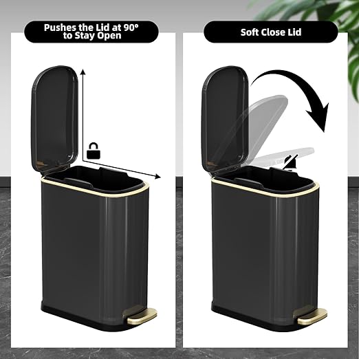 2.6 Gallon Slim Bathroom Trash Can with Soft-Close Foot Pedal, 10L Stainless Steel Garbage Can with Removable Liner Bucket, for Narrow Spaces,Bathroom, Bedroom (Titanium Black)