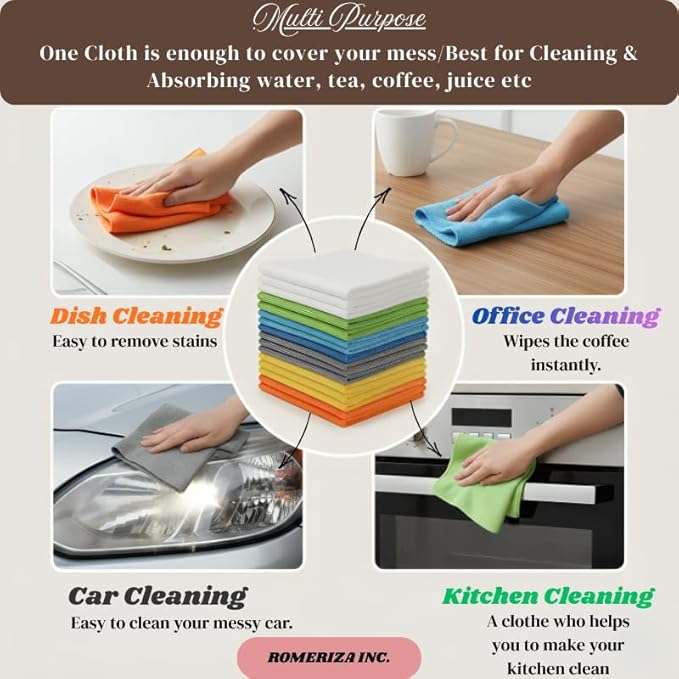 6‑Pack Microfiber Cleaning Cloths – Reusable, Lint‑Free Multi‑Color Towels for Kitchen, Car, Glass & Bathroom, Machine‑Washable Multipurpose Cleaning Rags