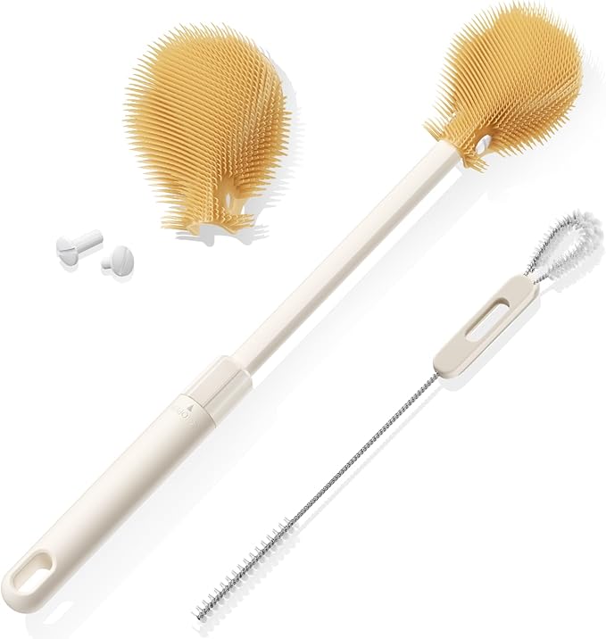 Extendable Bottle Brush with Straw Cleaner Brush, 10.8 to 14 Inches Adjustable Long Handle Water Bottle Scrubber for Cleaning Glasses, Cups, Coffee Mugs, tumblers with Replacement Head, White