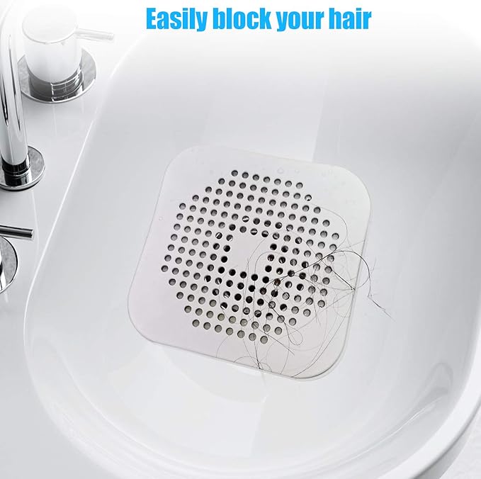Square Drain Cover for Shower 5.7-inch TPR Drain Hair Catcher Flat Silicone Plug for Bathroom and Kitchen Filter Shower Drain Protection Flat Strainer Stopper with Suction Cups 2 Pack (White)