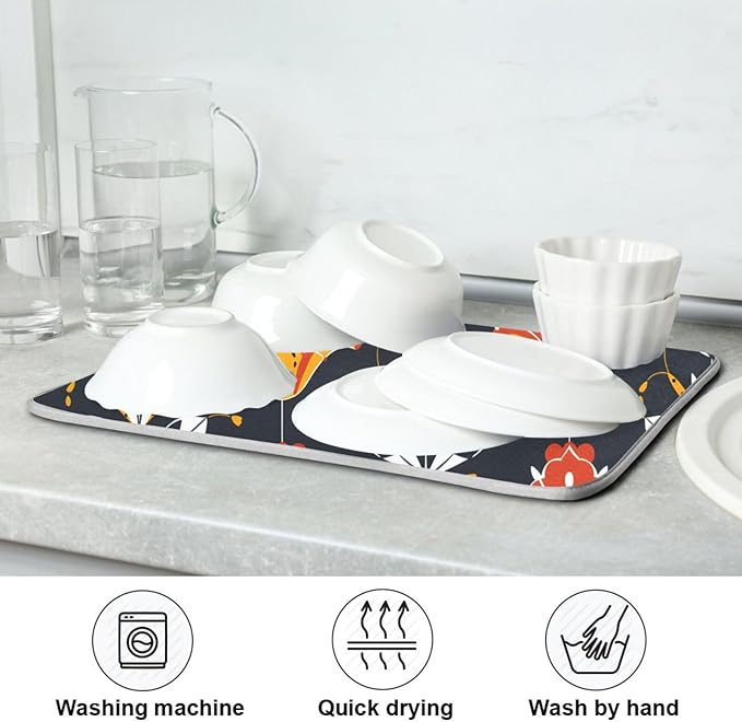 Floral Pattern Traditional Folk Art Dish Drying Mat for Kitchen Counter Absorbent Microfiber Drying Pad, Large 18x24 in, Reversible Drainer Mats