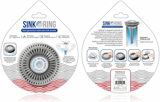 Bathroom Sink Hair Catcher for Pop-Up Drain – SinkRing 1.57" Precision Strainer for Bathroom Sink Drains | Clog-Free Hair Trap for Contacts, Earrings, Jewelry | No Suction or Screws – Gray
